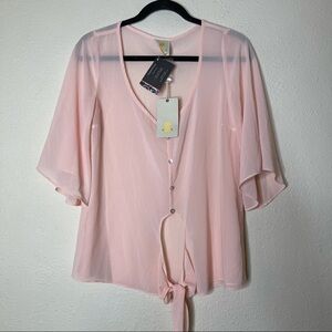 Sis Sis Pink Sheer Button Tie Blouse Top